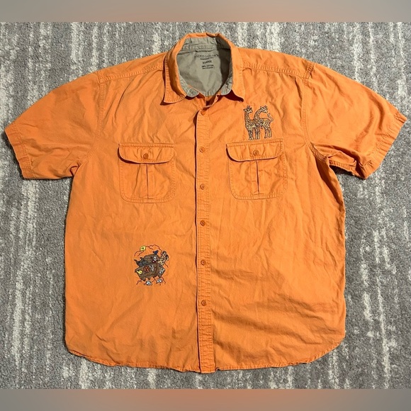 Mens Noah's Ark Embroidered Button Up Shirt Sz XL Orange Cotton Church Pastor - Picture 1 of 7